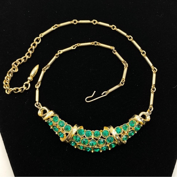 Vintage Green Rhinestone Gold Tone Choker Necklace - Picture 1 of 10